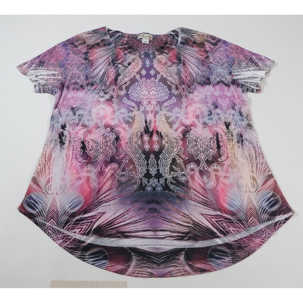 World Unity Top Women Large Pink Purple Graphic Print Cut Out‎ Sleeve  Blouse